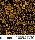 Golden witchcraft on black, pattern illustration 100984330