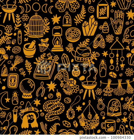 Golden witchcraft on black, pattern illustration 100984330