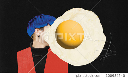 Young man hiding head behind fried egg symbolizing apathy. Feeling tired, stressful and uninterested. Contemporary art collage. Young man hiding head behind fried egg symbolizing apathy. Feeling tired, stressful and uninterested. Contemporary art collage. 100984340