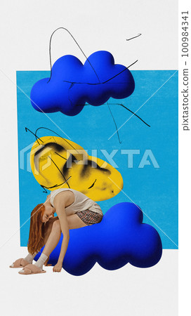 Young woman in home wear sitting in despair and apathy. Feeling tired. Mental breakdown and crisis. Contemporary art collage. Young woman in home wear sitting in despair and apathy. Feeling tired. Mental breakdown and crisis. Contemporary art collage. 100984341