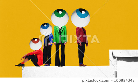 People in multicolored jackets headed with giant eyes against yellow background. Uninterested and uncaring. Contemporary art collage. 100984342