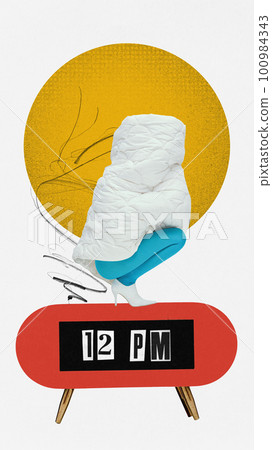 Don't care about time. Young girl covered in blanket sitting on clock showing day time. Late to work. Laziness. Contemporary art collage. Don't care about time. Young girl covered in blanket sitting on clock showing day time. Late to work. Laziness. Contemporary art collage. 100984343