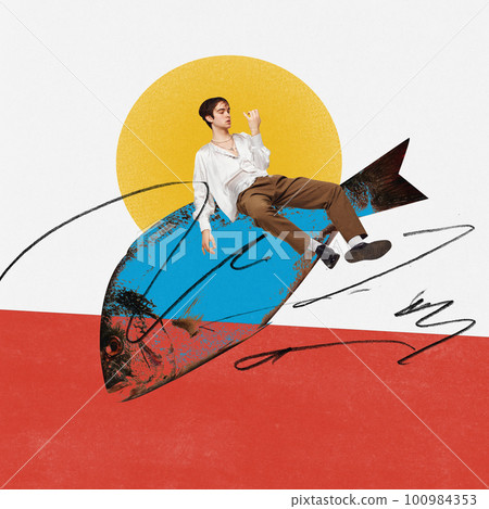 Young man in stylish retro clothes sitting on fish with calm and relaxed face. Going with flow. Contemporary art collage. 100984353