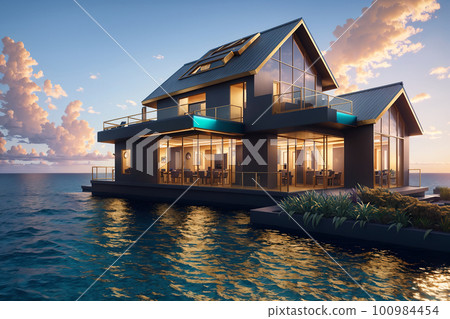 Futuristic luxury house with open swimming pool at sea shore, in tropical country. Green lush plants, golden hour in light of sunset, vanilla clouds at tender sky. Ai generated. 100984454