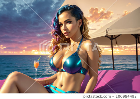 A stunning young woman lounges on a beach chair beneath an umbrella, with the breathtaking sunset as a backdrop. Purely AI generated image without any reference to real individuals. 100984492
