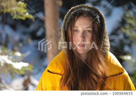 Winter walk through the forest, snow-covered beautiful pine forest. Portrait of a young lovely woman, she walks through the frosty nature and enjoys the winter weather 100984635