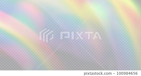 Rainbow light prism effect, transparent background. Hologram reflection, crystal flare leak shadow overlay. Vector illustration of abstract blurred iridescent light backdrop. Rainbow light prism effect, transparent background. Hologram reflection, crystal flare leak shadow overlay. Vector illustration of abstract blurred iridescent light backdrop. 100984656
