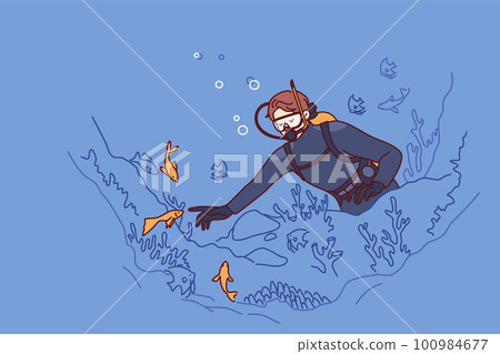 Woman diver explores seabed, getting involved in underwater travel and studying fish living in ocean Woman diver explores seabed, getting involved in underwater travel and studying fish living in ocean 100984677