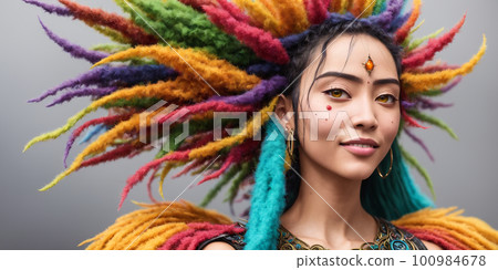 Young beautiful indigenous woman with colored dreadlocks that goes into color paint splashes at background. The symbol of a spring and hope. AI generated image 100984678