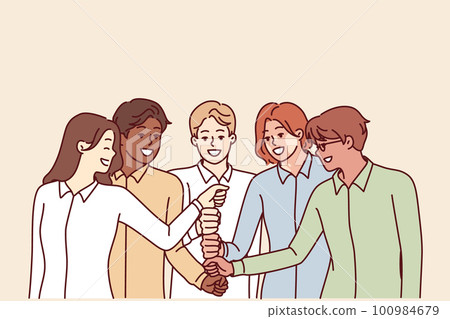Happy diverse business team of employees celebrating success by touching with fists in center Happy diverse business team of employees celebrating success by touching with fists in center 100984679