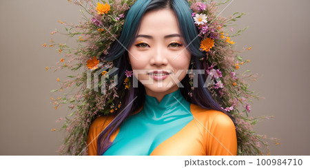 Young beautiful woman with flower wreath on her head, colored hair that goes into color paint splashes at background. The symbol of a spring and hope. AI generated image 100984710