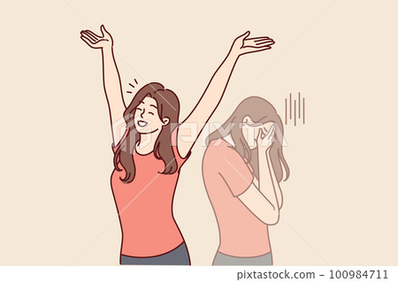 Woman raises hands up and rejoices having got rid of bad emotions and depression spoiling mood 100984711