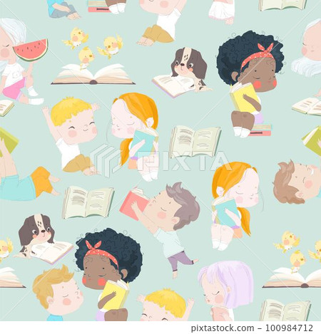 Seamless Pattern with Cute Little Children reading Books 100984712