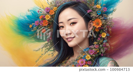 Young beautiful woman with flower wreath on her head, colored hair that goes into color paint splashes at background. The symbol of a spring and hope. AI generated image 100984713