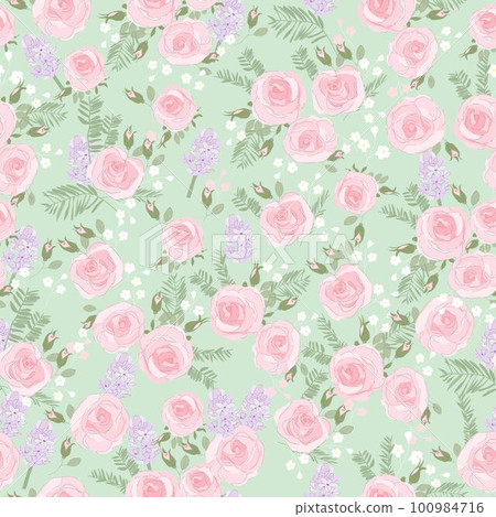 Seamless Pattern with Pink Roses on Green Background 100984716
