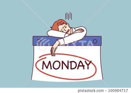 Man workaholic sleeps leaning on giant calendar with inscription Monday feeling burned 100984717
