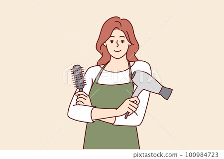 Woman hairdresser from barbershop holding comb and hair dryer to care for client hairstyle Woman hairdresser from barbershop holding comb and hair dryer to care for client hairstyle 100984723