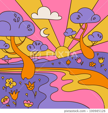 Groovy landscape background with abstract trees, flowers and river, retro waves clip art. Postcard designs with colorful abstract nature. Vector contour hand drawn illustration in 70s hippie style. Groovy landscape background with abstract trees, flowers and river, retro waves clip art. Postcard designs with colorful abstract nature. Vector contour hand drawn illustration in 70s hippie style. 100985126