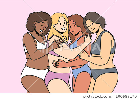Smiling body positive women in underwear hug 100985179