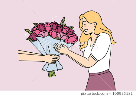 Excited woman get flowers for birthday Excited woman get flowers for birthday 100985181