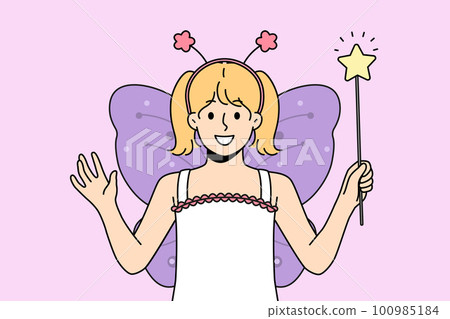 Smiling girl child in butterfly costume with wand Smiling girl child in butterfly costume with wand 100985184