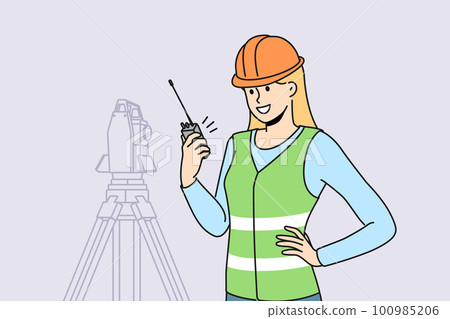 Smiling woman engineer work with geodetic equipment  100985206