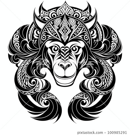 Monkey or ape's head, ornate sticker or tatoo design, black on white background. AI generated image 100985291