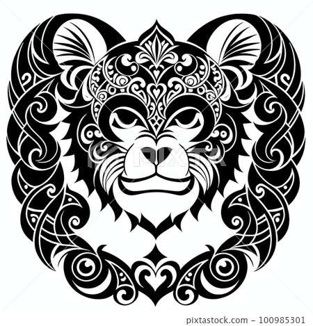 Monkey or ape's head, ornate sticker or tatoo design, black on white background. AI generated image Monkey or ape's head, ornate sticker or tatoo design, black on white background. AI generated image 100985301