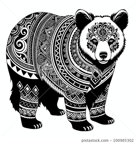 Bear ornated, ornate sticker or tatoo design, black on white background. 100985302