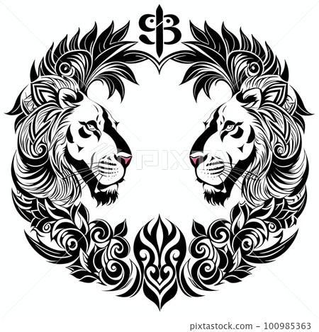 Lion's head, sticker or tatoo design, black on white background. AI generated image Lion's head, sticker or tatoo design, black on white background. AI generated image 100985363