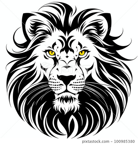 Lion's head, sticker or tatoo design, black on white background. AI generated image 100985380