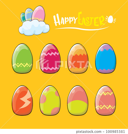 Set of colorful hand drawn Easter eggs with different colors isolated on orange background. Spring holiday. Vector Cartoon Happy easter eggs set and clip art collection 100985381