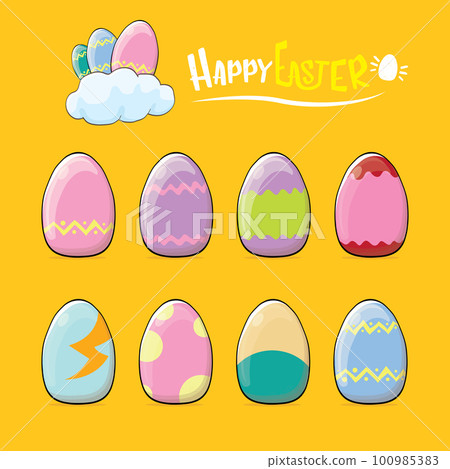 Set of colorful hand drawn Easter eggs with different colors isolated on orange background. Spring holiday. Vector Cartoon Happy easter eggs set and clip art collection Set of colorful hand drawn Easter eggs with different colors isolated on orange background. Spring holiday. Vector Cartoon Happy easter eggs set and clip art collection 100985383