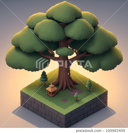 Small cute coniferous trees toy, 3D reference model. AI generated image isolated on solid background 100985409