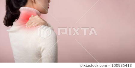 Asian young woman hold her hand on pain neck and injury ache shoulder stress problem muscle. Office syndrome disease, Healthcare world health day concept. Asian young woman hold her hand on pain neck and injury ache shoulder stress problem muscle. Office syndrome disease, Healthcare world health day concept. 100985418