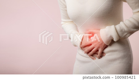 Picture of young woman have menstruation stomach ache pain problem. Abdominal belly disease in female person. Healthcare world health day concept. Picture of young woman have menstruation stomach ache pain problem. Abdominal belly disease in female person. Healthcare world health day concept. 100985421