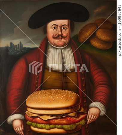 old painting of a funny man with a hamburger old painting of a funny man with a hamburger 100985642