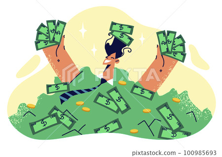 Wealthy man bathed in money rejoices in selling own business or receiving quarterly bonus at work Wealthy man bathed in money rejoices in selling own business or receiving quarterly bonus at work 100985693