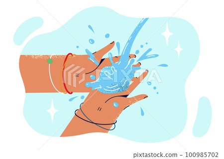 Close-up hand with jet of water in process of disinfection after walk to get rid of bacteria and germs 100985702