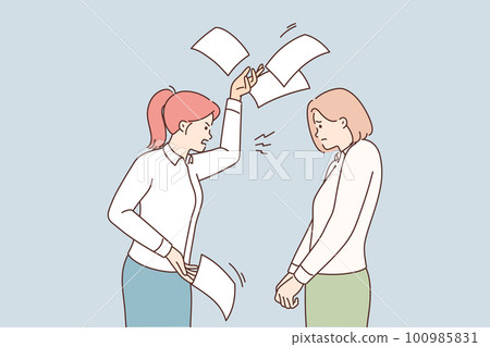 Furious businesswoman yell at stressed employee  100985831