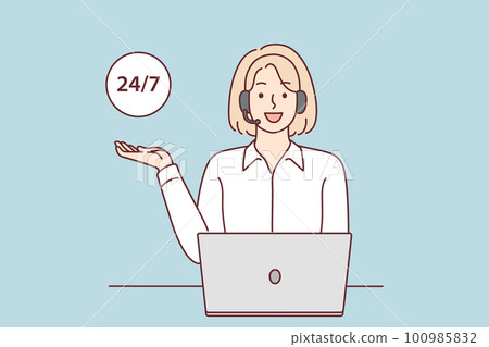 Smiling female operator in headset work on helpline  100985832