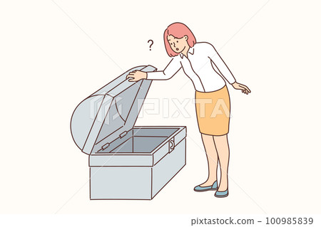 Businesswoman look in empty treasury chest Businesswoman look in empty treasury chest 100985839