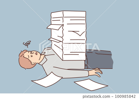 Stressed man lying under paperwork pile Stressed man lying under paperwork pile 100985842