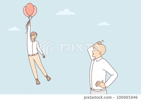 Frustrated man look at colleague flying on balloons  100985846