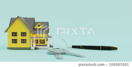 Home model with key and pen, buy home concept 100985891