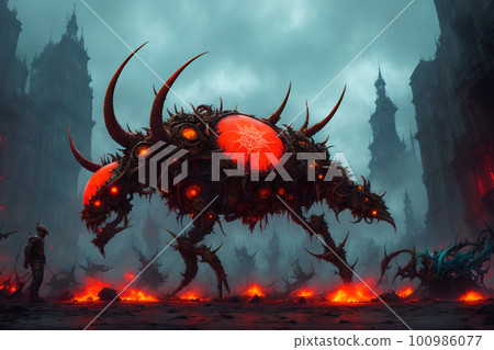 Hellish monster with fangs and horns, rotted flesh, empty eye sockets with mad gaze, bloody mouth, bones exposed, aggressive and terrifying. AI generated Hellish monster with fangs and horns, rotted flesh, empty eye sockets with mad gaze, bloody mouth, bones exposed, aggressive and terrifying. AI generated 100986077