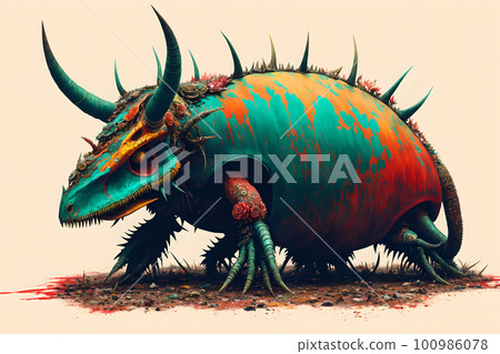 Hellish monster with fangs and horns, rotted flesh, empty eye sockets with mad gaze, bloody mouth, bones exposed, aggressive and terrifying. AI generated 100986078
