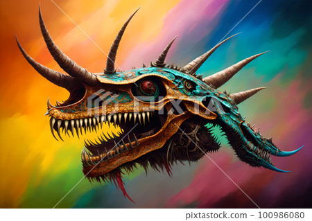 Hellish monster with fangs and horns, rotted flesh, empty eye sockets with mad gaze, bloody mouth, bones exposed, aggressive and terrifying. AI generated Hellish monster with fangs and horns, rotted flesh, empty eye sockets with mad gaze, bloody mouth, bones exposed, aggressive and terrifying. AI generated 100986080