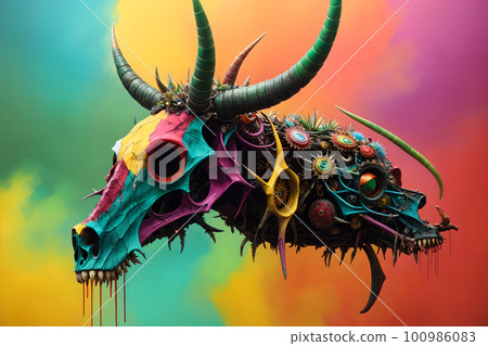 Hellish monster with fangs and horns, rotted flesh, empty eye sockets with mad gaze, bloody mouth, bones exposed, aggressive and terrifying. AI generated Hellish monster with fangs and horns, rotted flesh, empty eye sockets with mad gaze, bloody mouth, bones exposed, aggressive and terrifying. AI generated 100986083