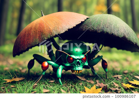 Scary small evil goblin-insect infected by parasite mushroom in the forest, AI generated 100986107